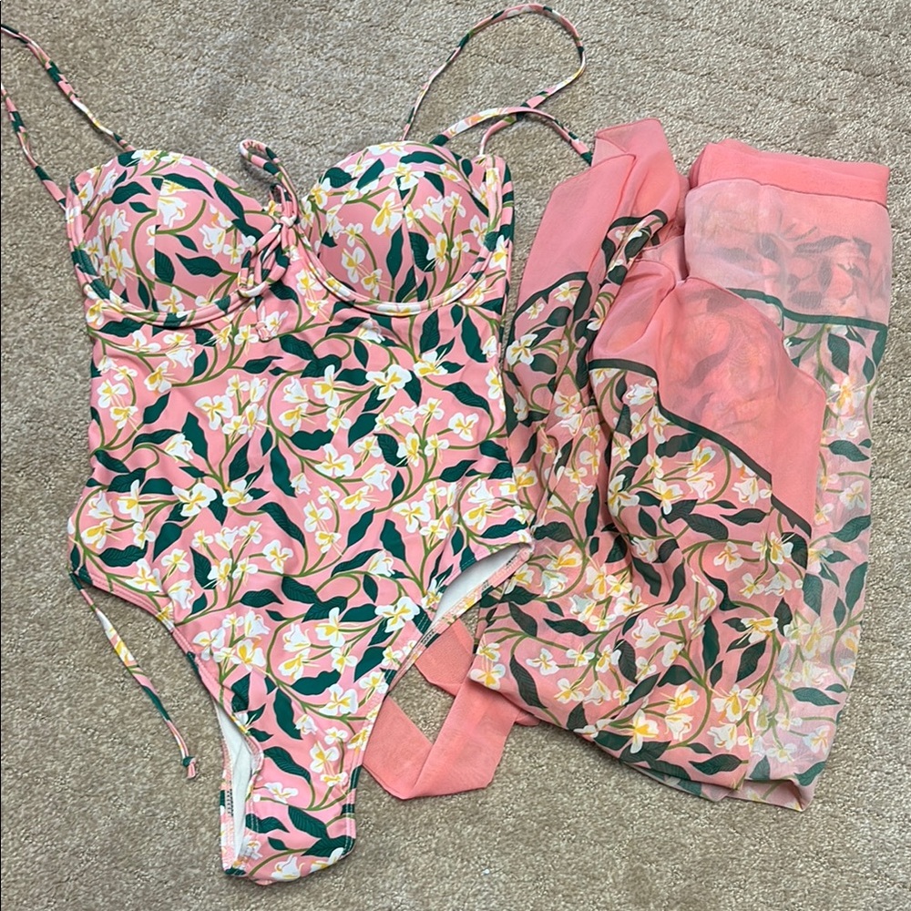 Women’s One Piece Floral Pink Swimsuit with Cover-Up- Size Medium, NWOT